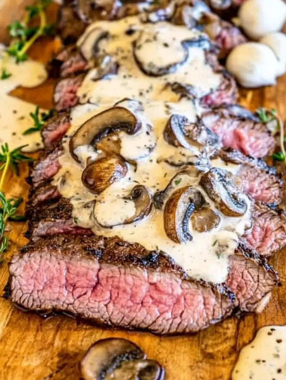 Close-up of Steak Gorgonzola recipe plated with cream sauce and balsamic glaze