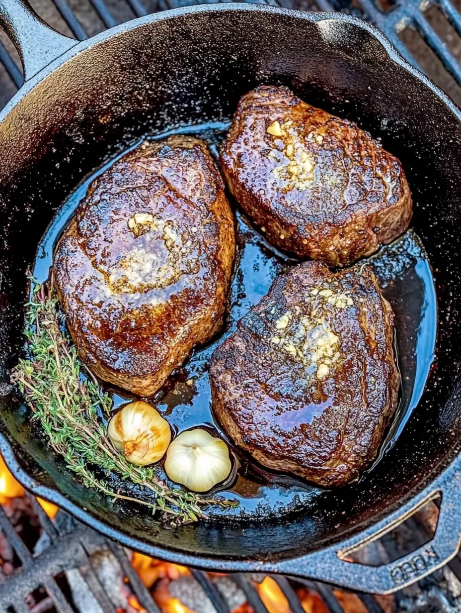 Searing steak medallions in a hot cast iron pan