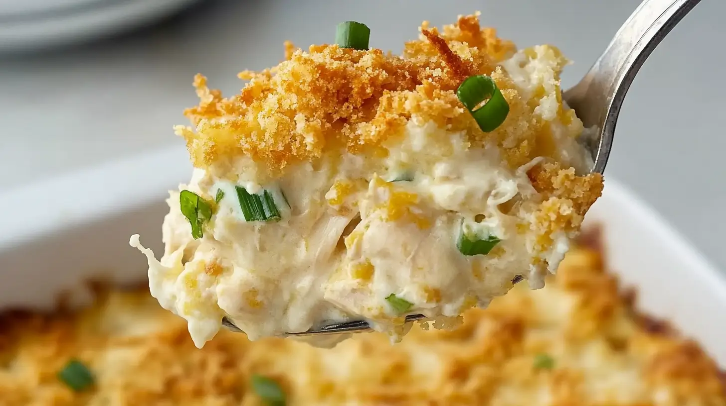 MILLION DOLLAR CHICKEN CASSEROLE 2 Close-up of a creamy million dollar chicken casserole topped with golden breadcrumbs and garnished with green onions, served on a spoon.
