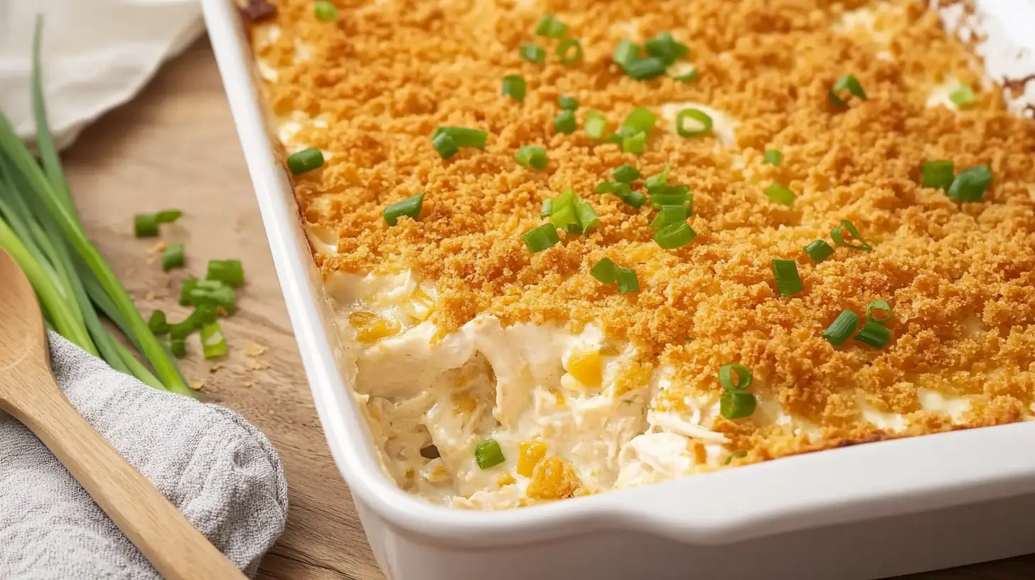 MILLION DOLLAR CHICKEN CASSEROLE 1 Close-up of a creamy Million Dollar Chicken Casserole topped with golden breadcrumbs and garnished with fresh green onions in a white baking dish. Green onions and a wooden spoon are placed beside the dish on a wooden surface