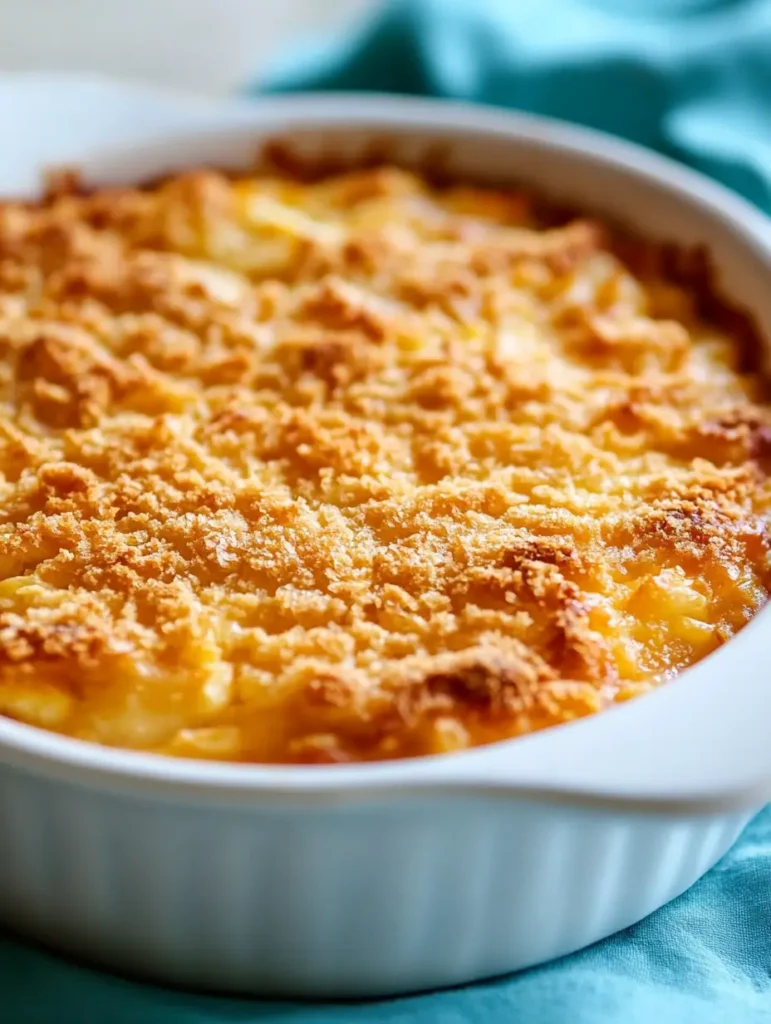 Pineapple Casserole 8 A baked pineapple casserole in a white dish with a perfectly golden-brown cracker topping.