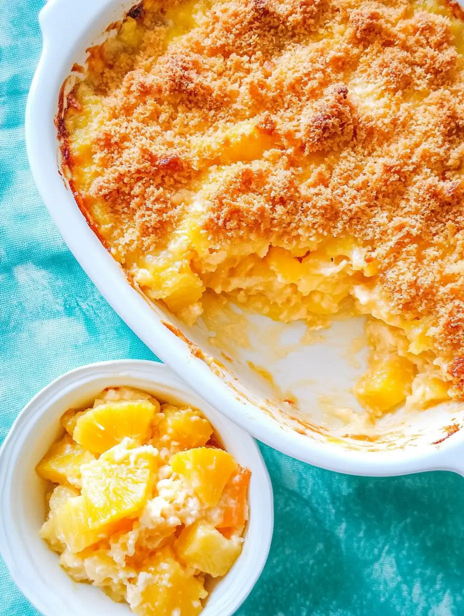Pineapple Casserole 2 A close-up of casserole served in a white ramekin, showing the golden cracker crust and melted cheese.