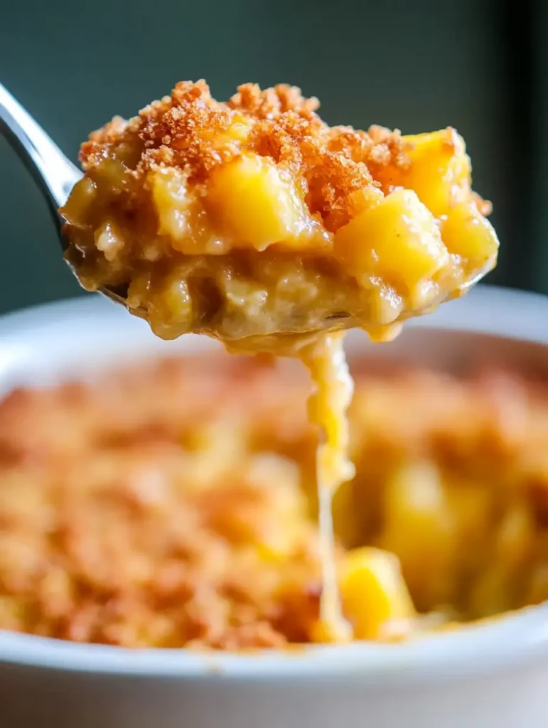 Pineapple Casserole 9 A spoonful with melted cheese and crumb topping, lifted from the dish for serving.