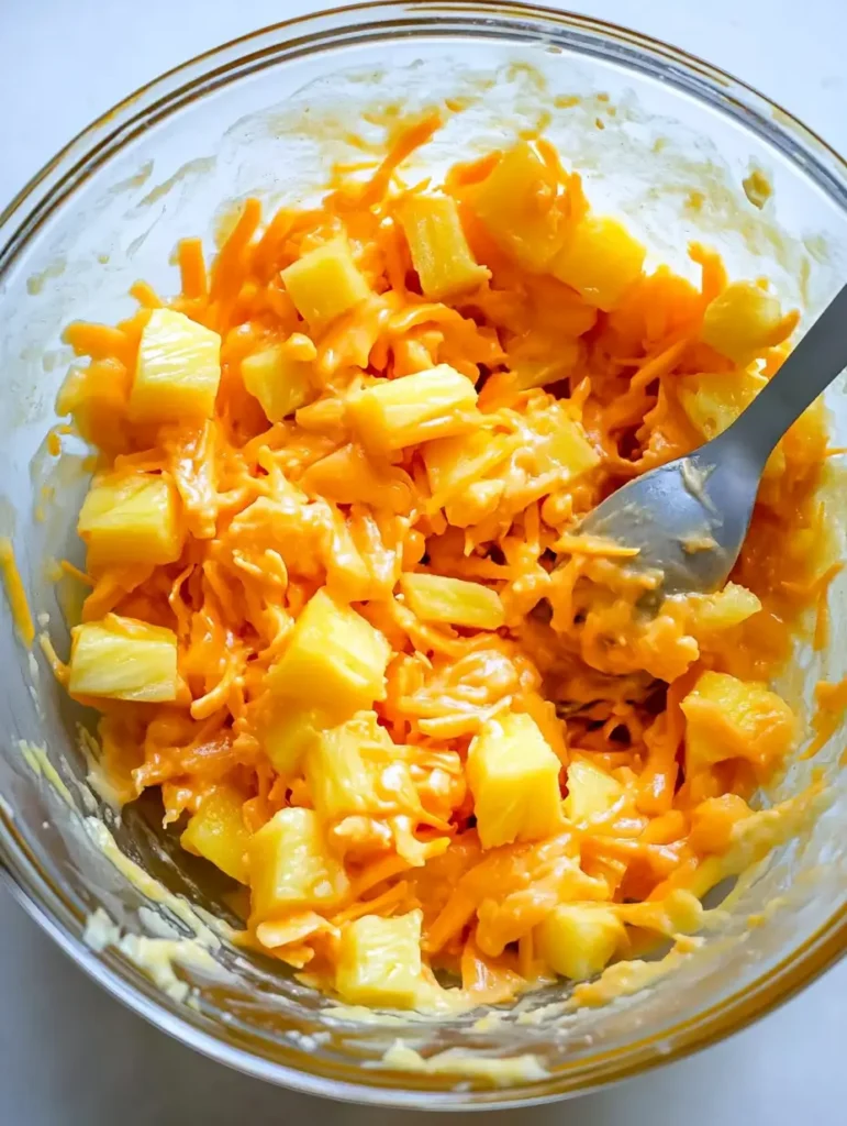 Pineapple Casserole 4 A mixing bowl filled with pineapple chunks and shredded cheddar cheese mixed with sauce, ready for layering.