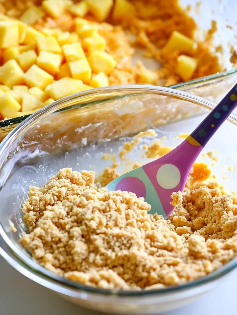 Pineapple Casserole 5 A mixing bowl of buttery cracker crumbs with a colorful spatula, ready to be used as topping .
