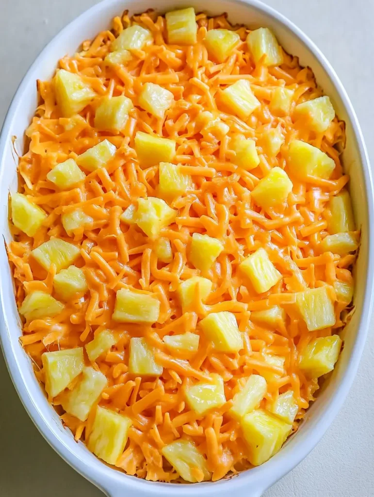 Pineapple Casserole 6 A casserole dish filled with layers of pineapple chunks and shredded cheddar cheese before baking.