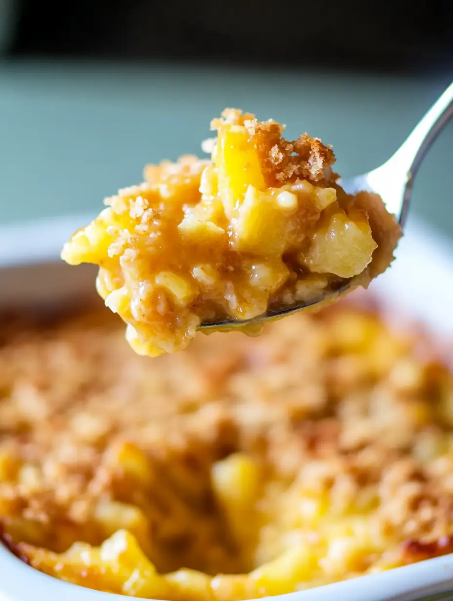 Pineapple Casserole 1 A spoonful of pineapple casserole with golden cracker topping and melted cheese, held above the casserole dish