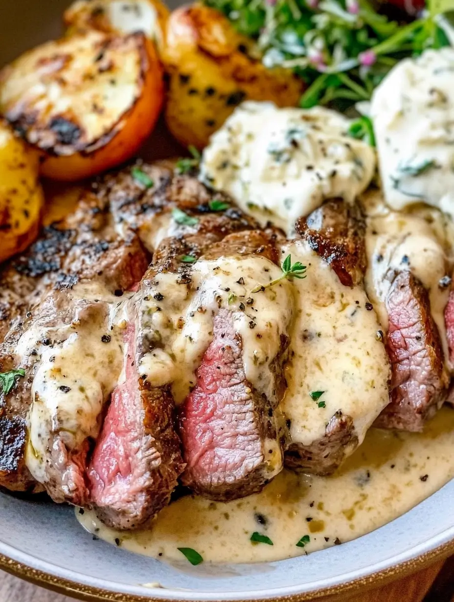 Plated Steak Gorgonzola recipe served with creamy sauce and balsamic glaze drizzle