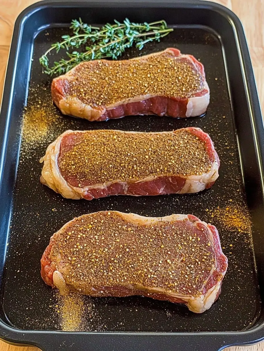 Preparing steak medallions for Steak Gorgonzola recipe — seasoned with olive oil, salt, pepper, and garlic powder