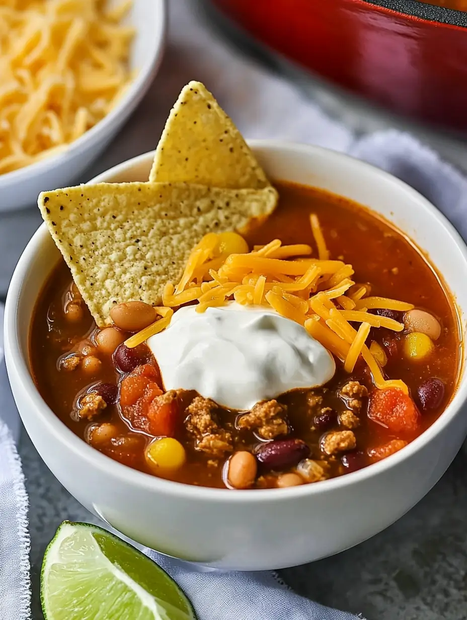 close-up-of-taco-soup-in-a-white-bowl-with-tortilla-chip-and-shredded-cheese