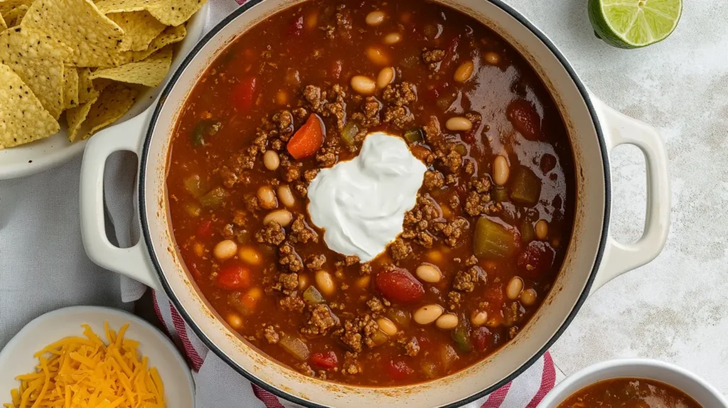 pot-of-taco-soup-with-white-beans-ground-beef-and-sour-cream-served-with-tortilla-chips