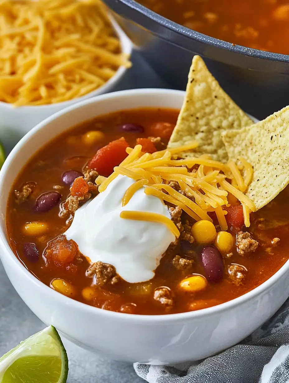 bowl-of-taco-soup-with-sour-cream-cheddar-cheese-and-lime-on-the-side