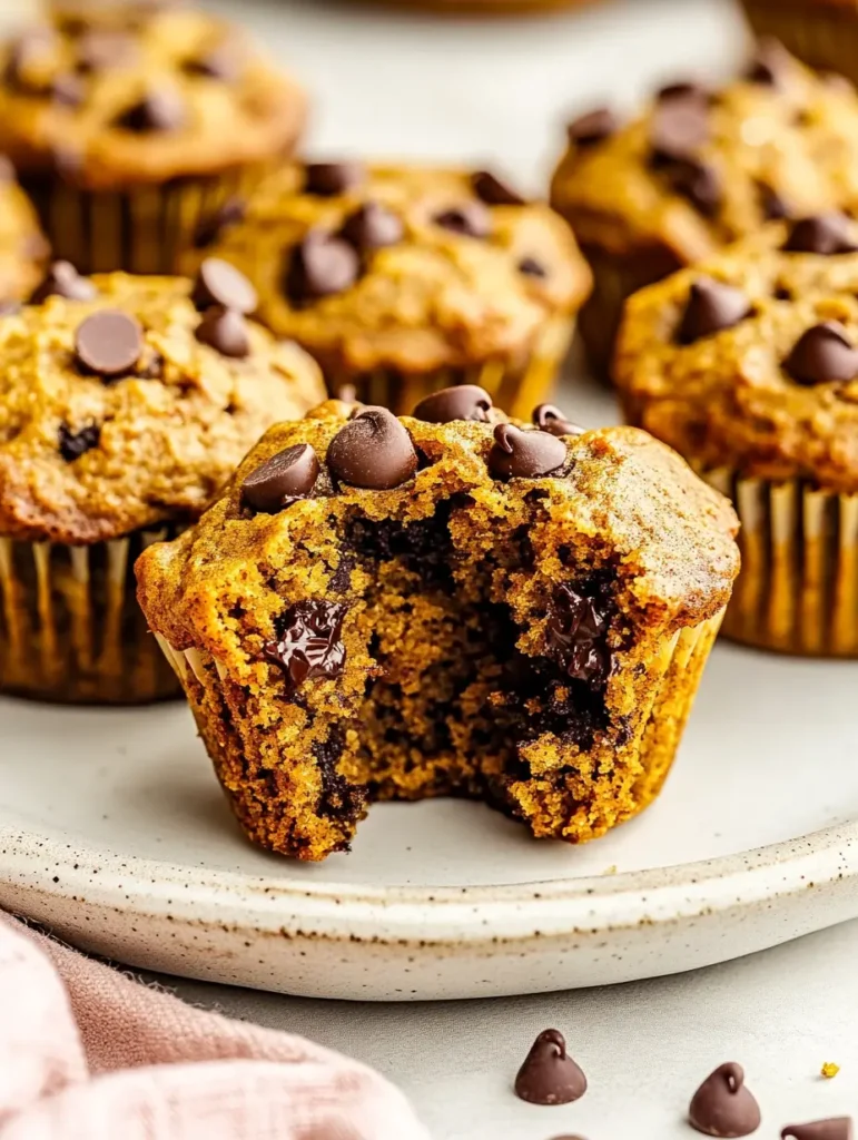 A-close-up-of-a-chocolate-chip-Pumpkin-Banana-Muffin-with-a-bite-taken-out-showing-a-gooey-chocolate-center