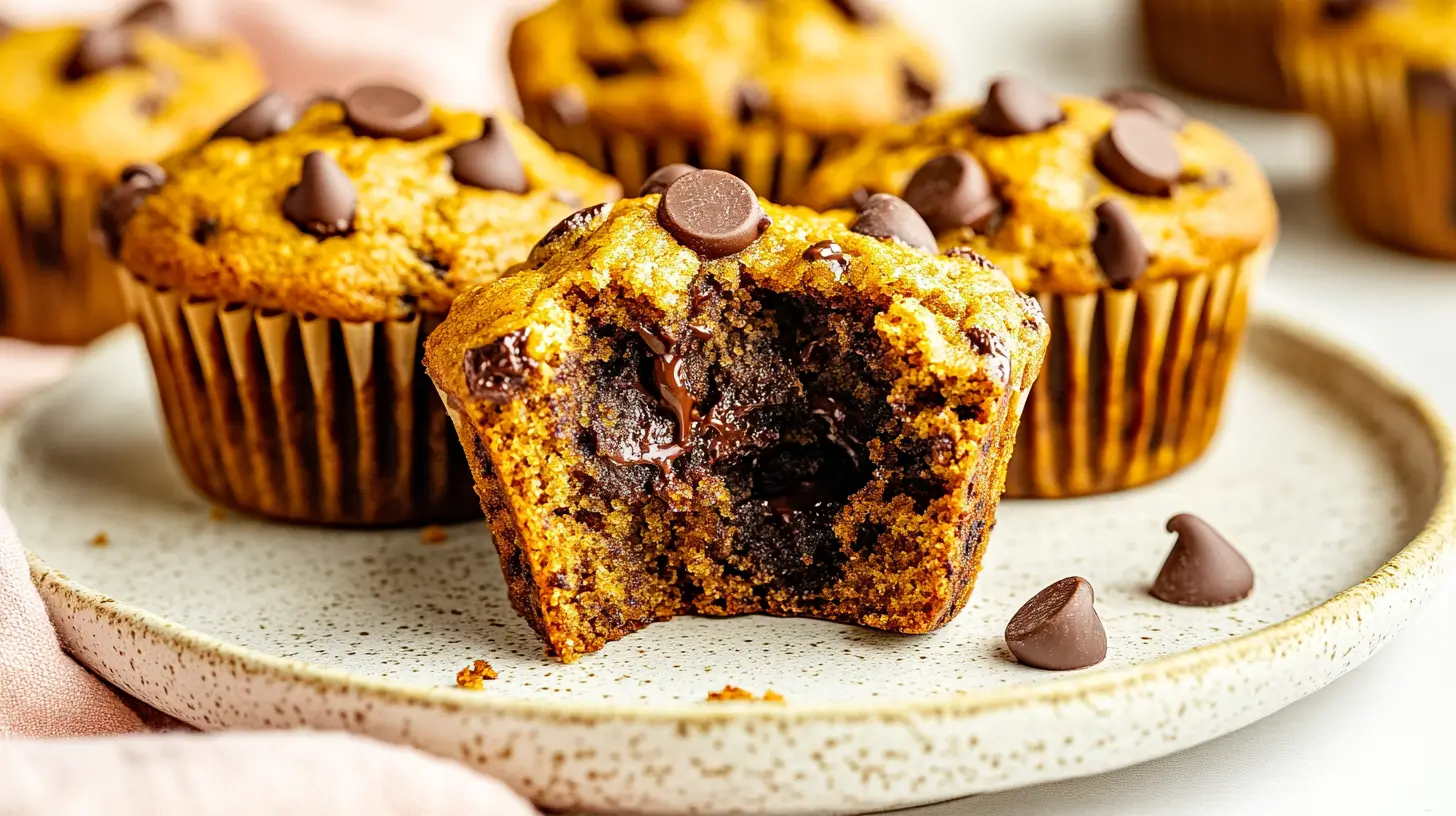 Close up of Pumpkin Banana Muffin showing rich chocolate
