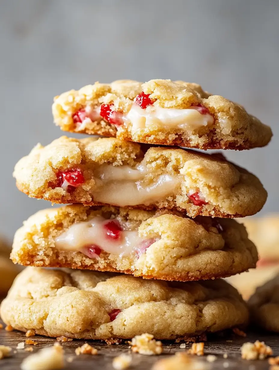 Close-up-of-strawberry-cookies-layered-with-gooey-centers-highlighting-the-melted-filling-and-fresh-strawberry-chunks.