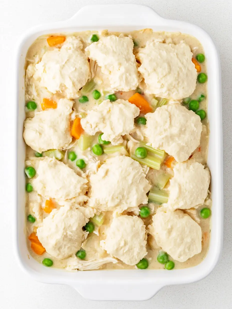 Creamy-chicken-and-dumplings-casserole-in-baking-dish-with-biscuits.