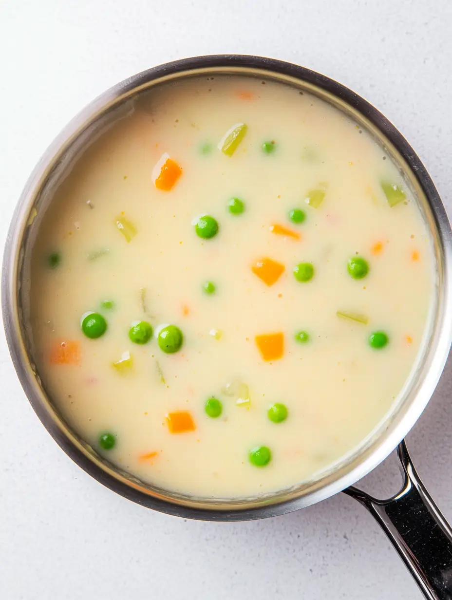 Creamy-soup-in-a-silver-pot-with-peas-and-carrots
