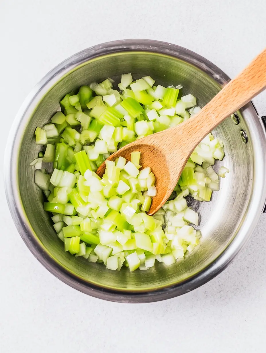 Diced-celery-in-a-silver-pot-stirred-with-a-wooden-spoon