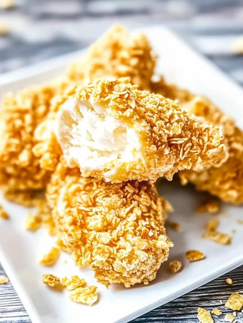 Fried Chicken Ice Cream(Homemade) 8 Close-up of a plate with crispy, golden fried chicken-shaped ice cream, revealing a creamy vanilla center with crushed cornflakes coating.