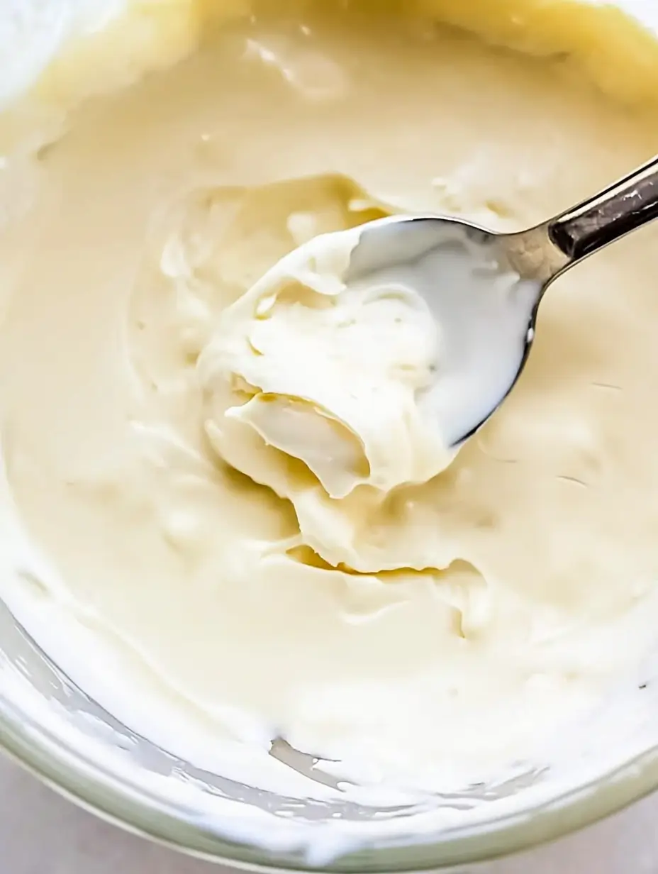 Fried Chicken Ice Cream(Homemade) 6 A spoonful of creamy, white chocolate coating in a mixing bowl, showcasing its smooth and glossy texture.