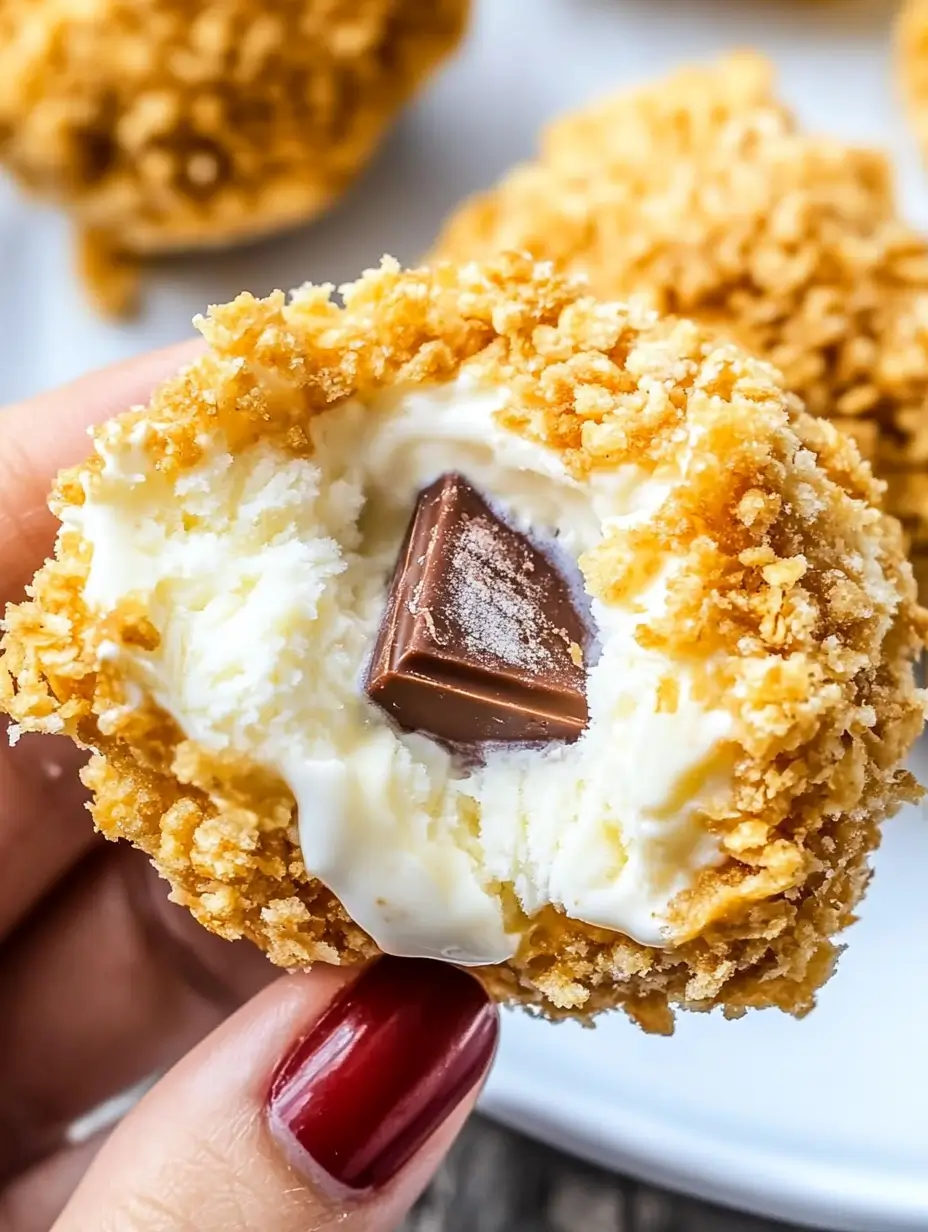 Fried Chicken Ice Cream(Homemade) 2 A close-up of a crispy-coated ice cream ball with a bite taken out, revealing a creamy vanilla interior and a chocolate center, held in a hand with red-painted nails.