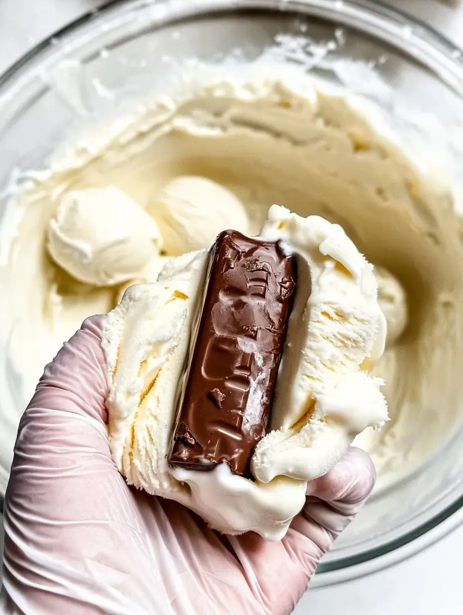 Fried Chicken Ice Cream(Homemade) 5 A hand holding a chocolate-coated ice cream bar being wrapped in vanilla ice cream, over a mixing bowl filled with more scoops of vanilla ice cream.