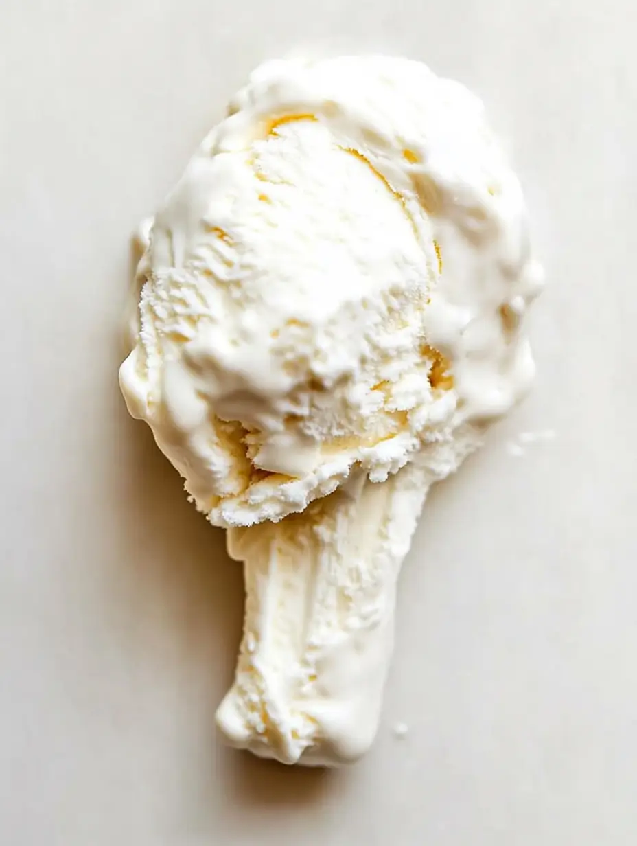Fried Chicken Ice Cream(Homemade) 4 Close-up of a vanilla scoop shaped like a chicken drumstick, coated in a thin layer of melted white chocolate, placed on a white background.