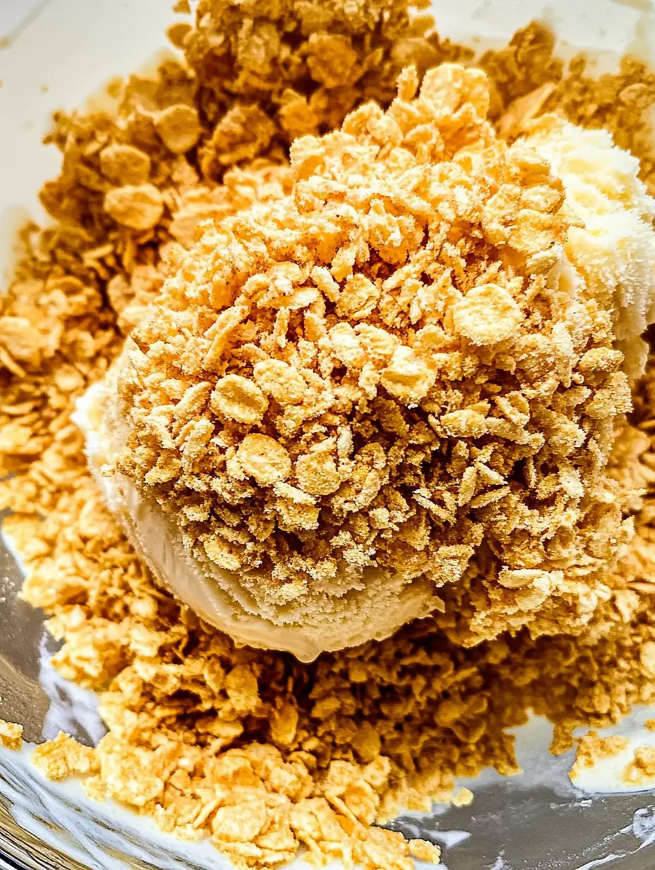 Fried Chicken Ice Cream(Homemade) 7 A close-up shot of an ice cream ball coated with crushed cereal, giving it a crunchy and golden appearance. The dessert is placed in a mixing bowl with more cereal visible in the background.