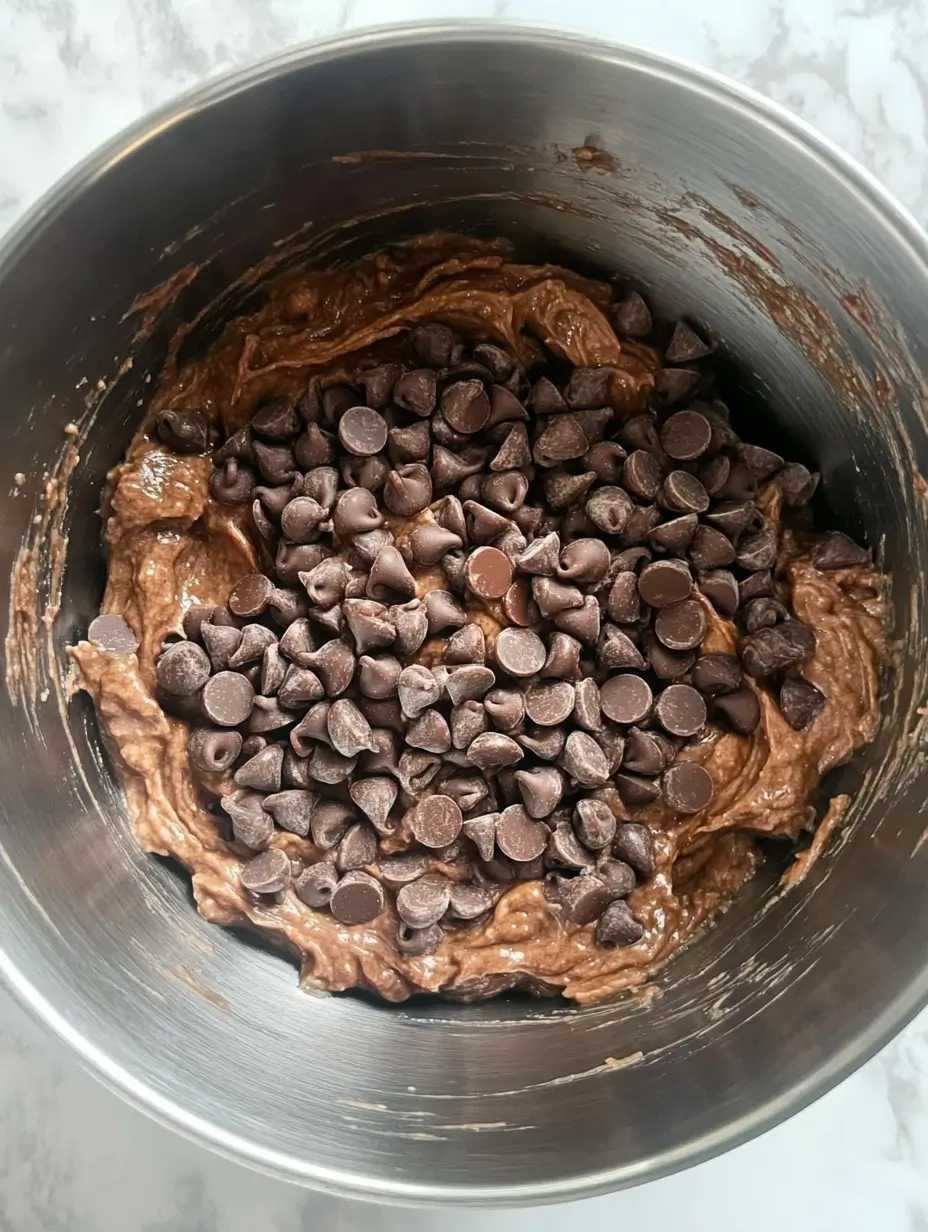 protein brownie batter in a mixing bowl with chocolate chips ready to fold in