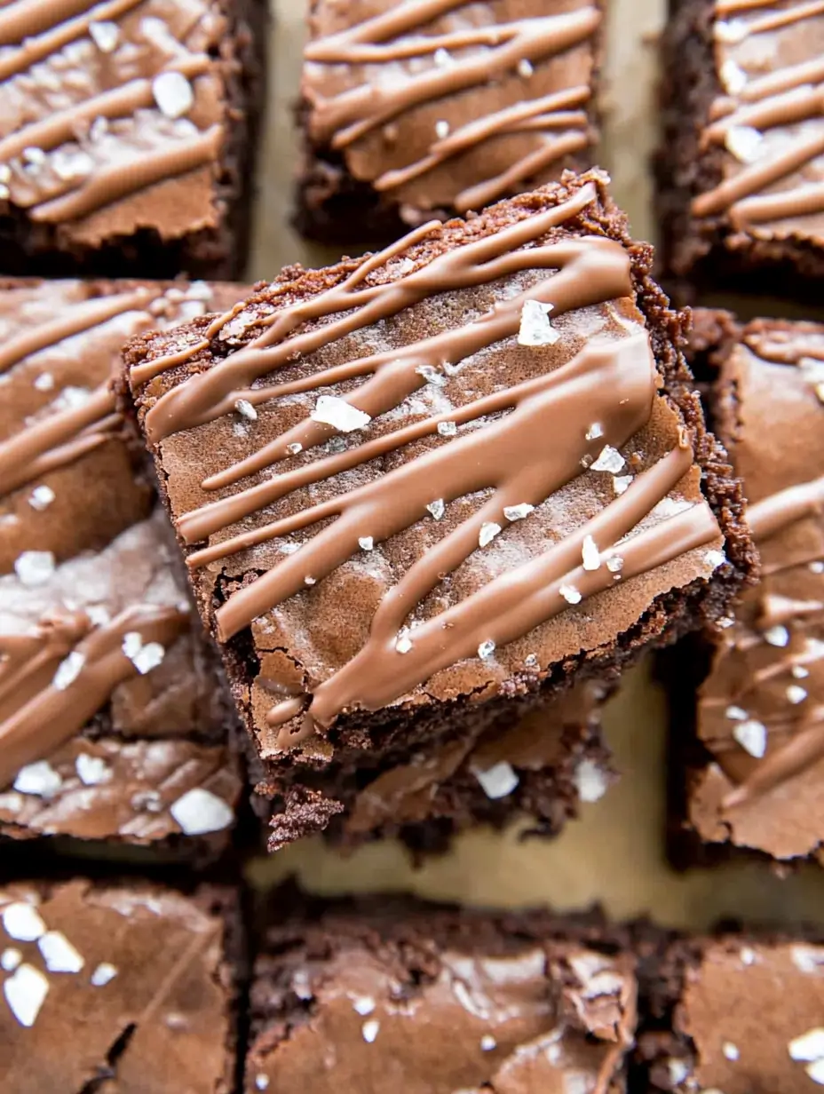 close up of a protein brownie with chocolate drizzle and sea salt on top