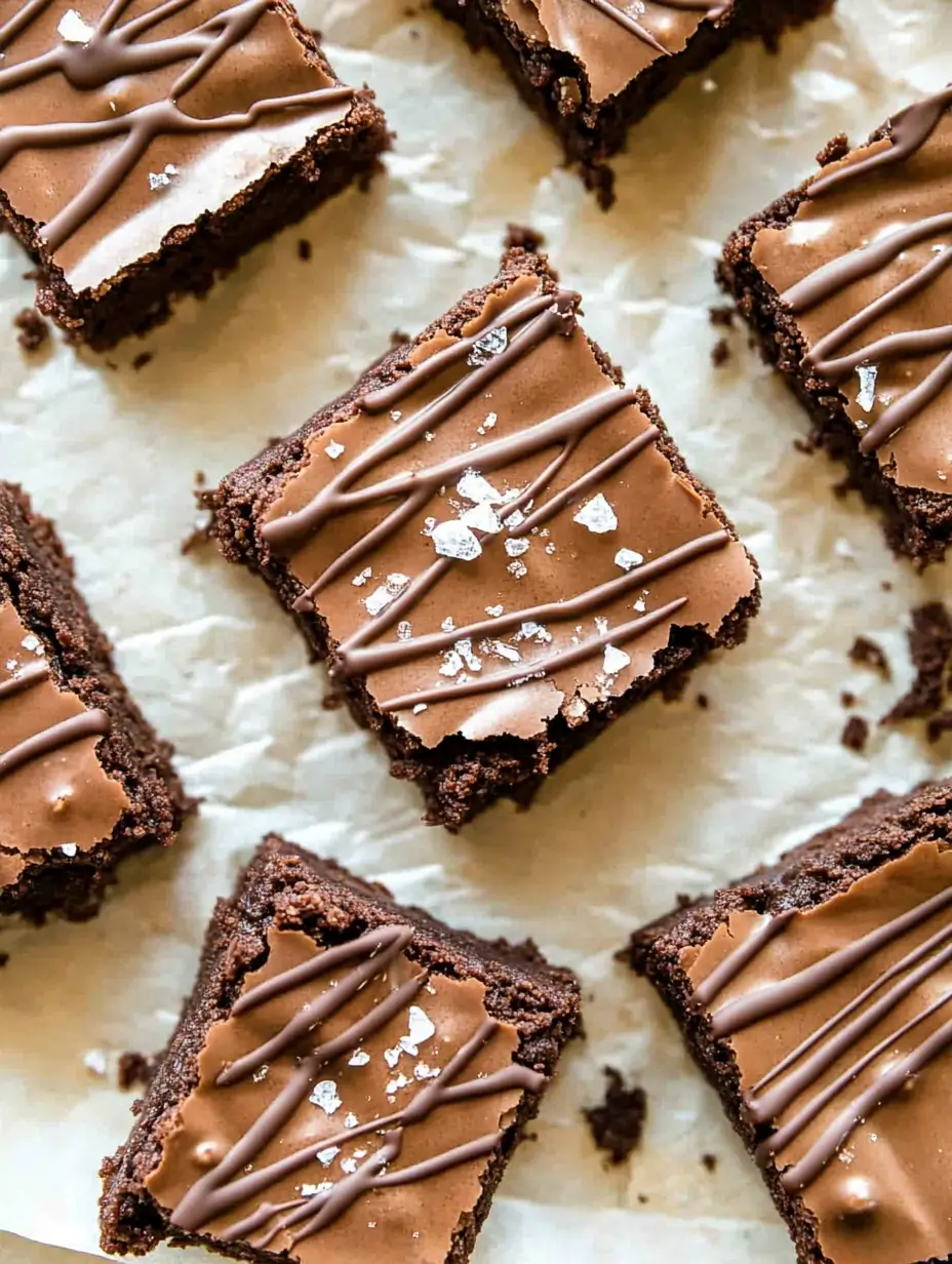 top down view of protein brownies with chocolate drizzle and sea salt flakes