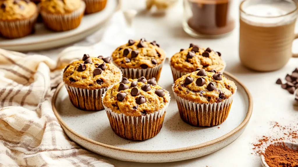 Pumpkin-Banana-Muffins-on-a-plate-surrounded-by-coffee-and-cinnamon
