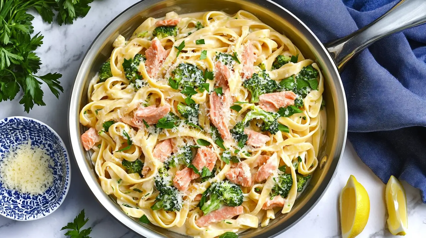 Dinner Recipes 15 Salmon-Alfredo-Pasta-in-a-Stainless-Skillet-with-Parsley-and-Lemon
