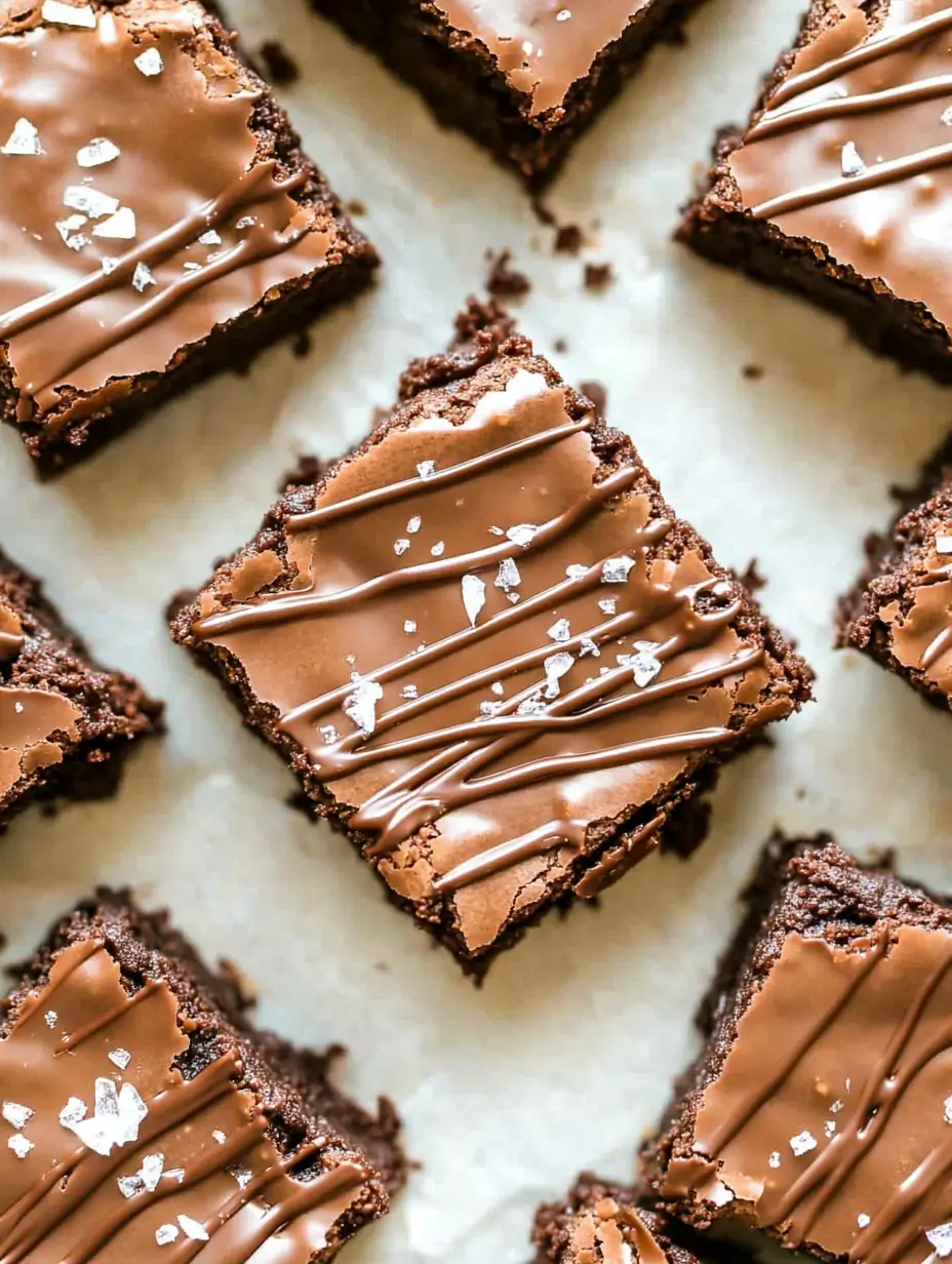 stacked protein brownies with chocolate drizzle and sea salt on parchment paper