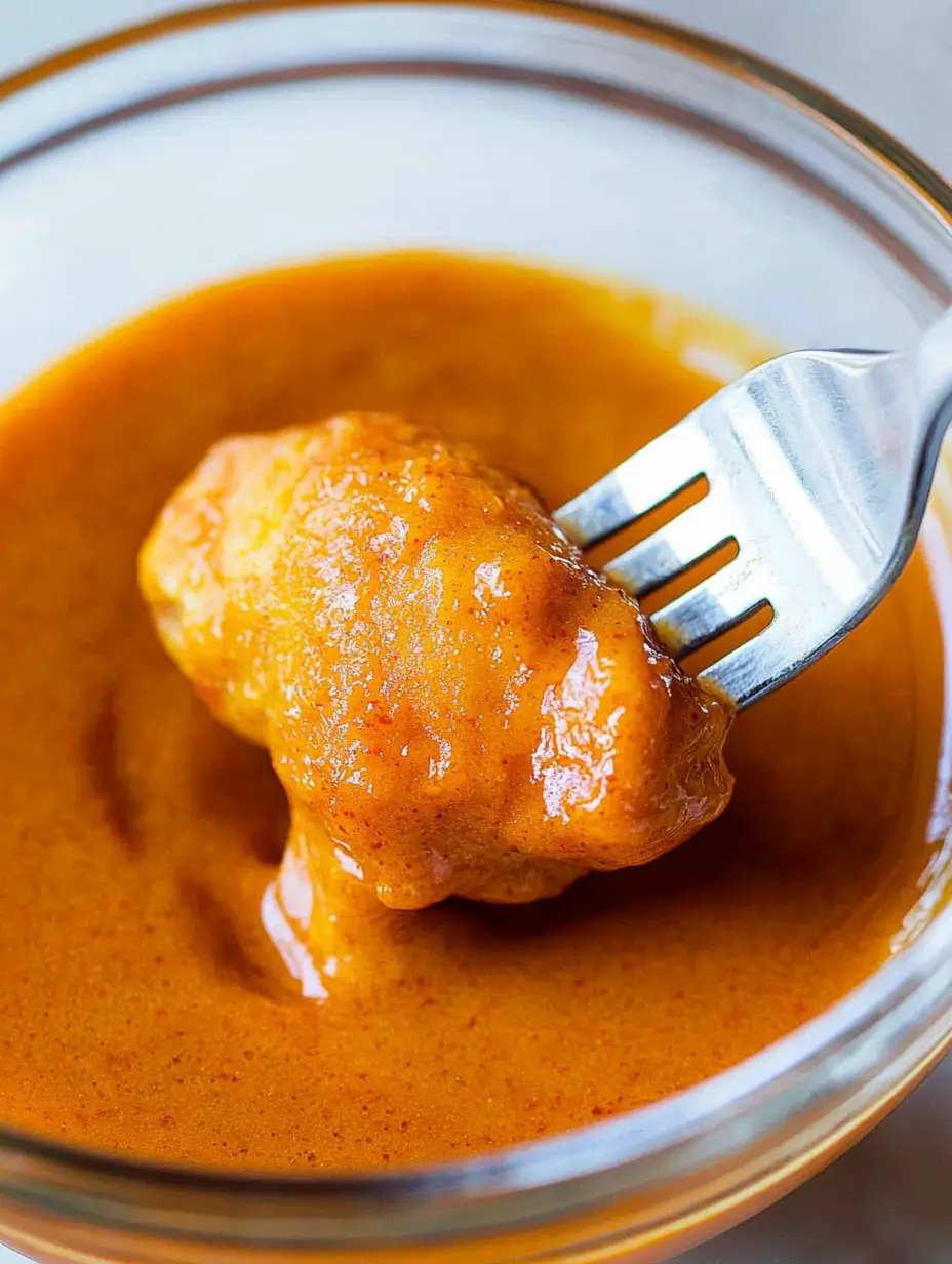 close-up-of-a-fork-dipping-a-juicy-air-fryer-chicken-bite-into-spicy-orange-sauce