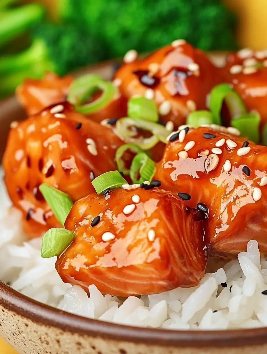 Salmon Bites in The Air Fryer 7 Air-fried salmon bites glazed with teriyaki sauce, garnished with sesame seeds and green onions, served over white rice.