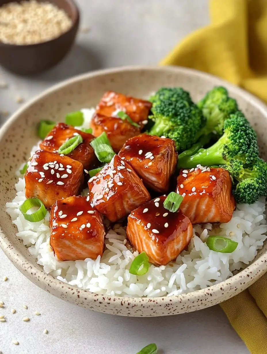 Salmon Bites in The Air Fryer 8 Plate of teriyaki salmon bites paired with steamed broccoli, served over white rice.