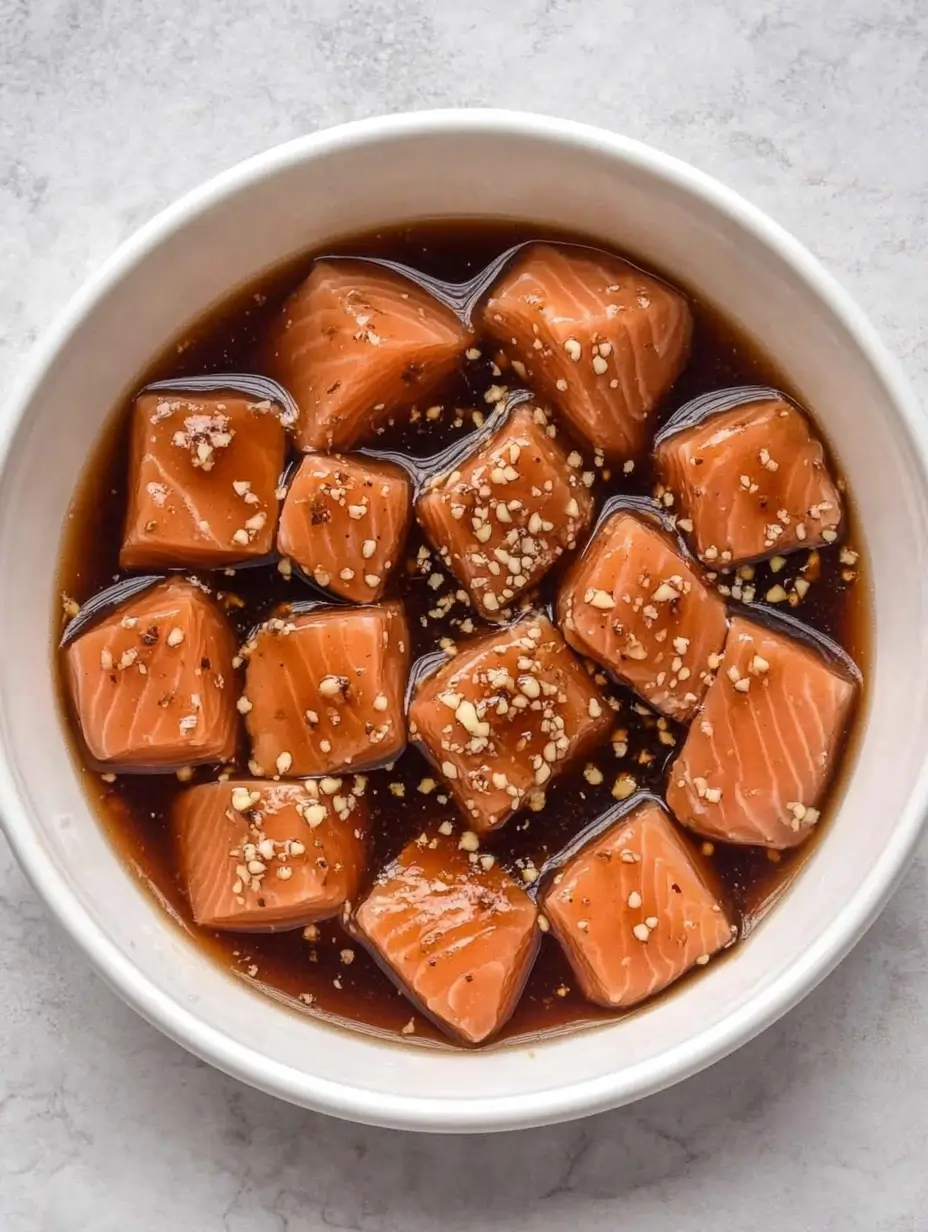 Salmon Bites in The Air Fryer 4 Bowl of cubed salmon pieces marinating in a soy-based sauce topped with crushed garlic.