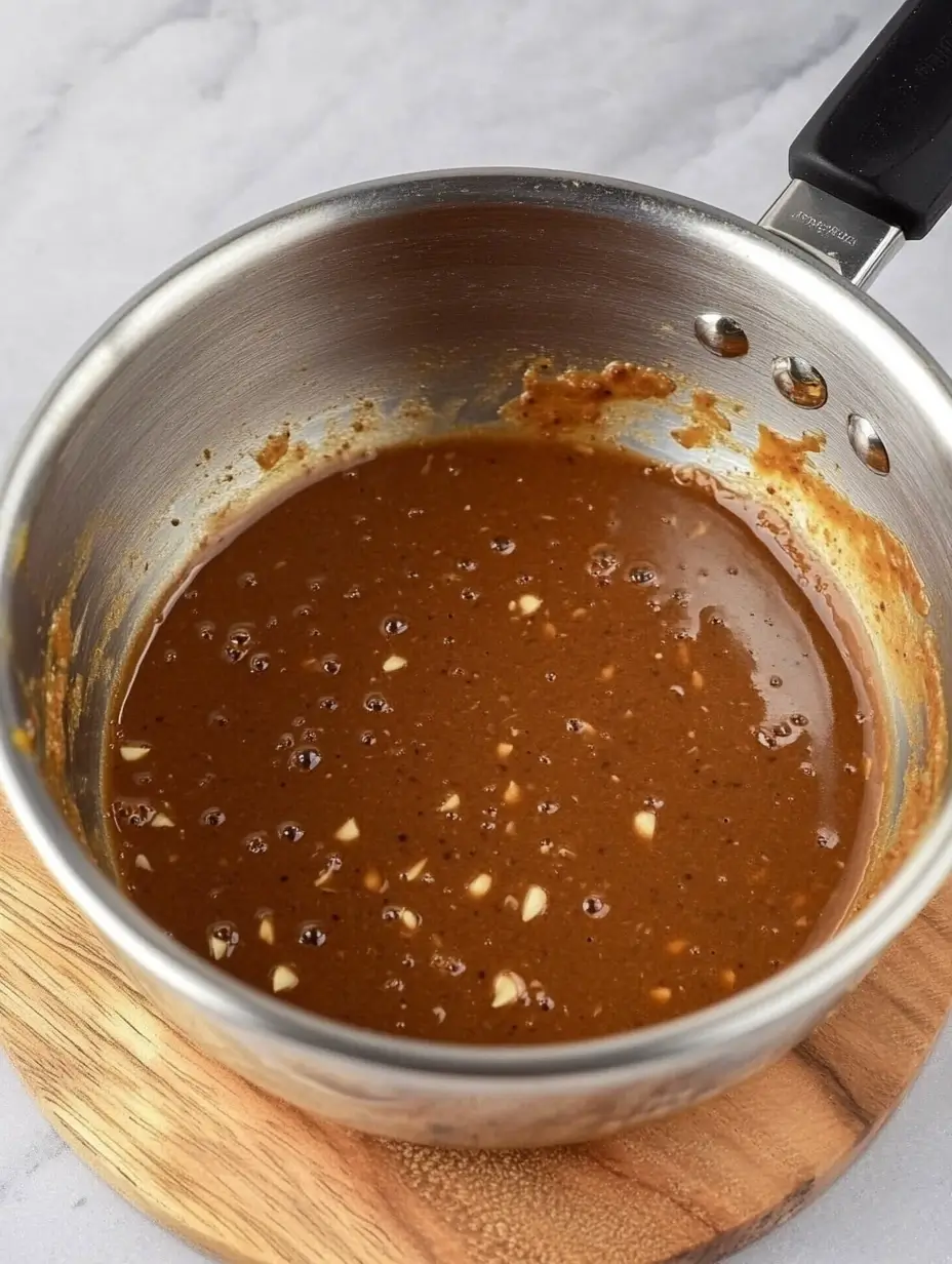 Salmon Bites in The Air Fryer 6 A saucepan filled with thickened teriyaki sauce with visible chunks of garlic.