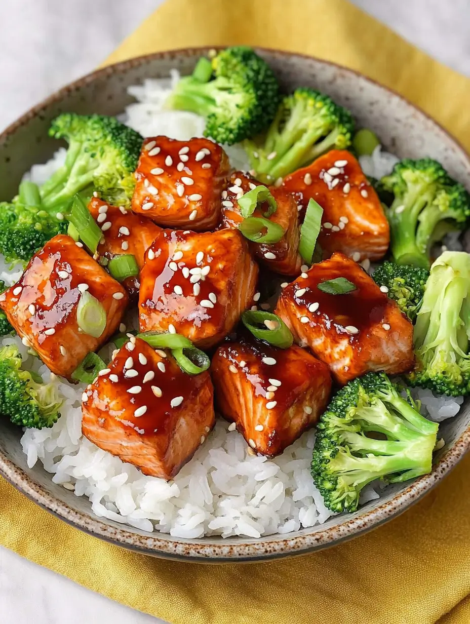 Salmon Bites in The Air Fryer 2 A close-up of teriyaki-glazed salmon cubes garnished with sesame seeds and scallions, surrounded by vibrant steamed broccoli and rice.