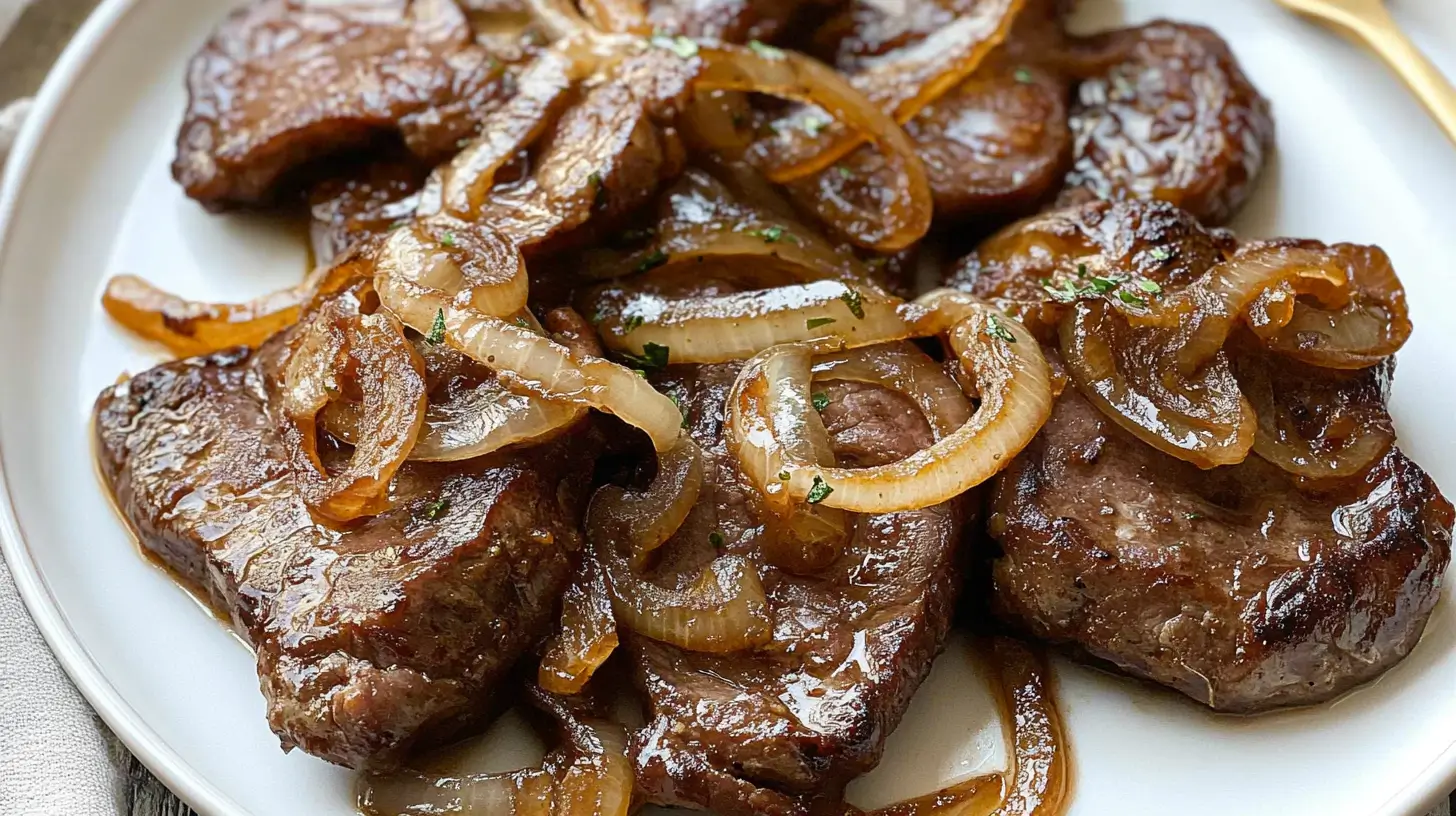 Dinner Recipes 22 Juicy beef liver slices served with golden caramelized onions on a white plate, garnished lightly with herbs.