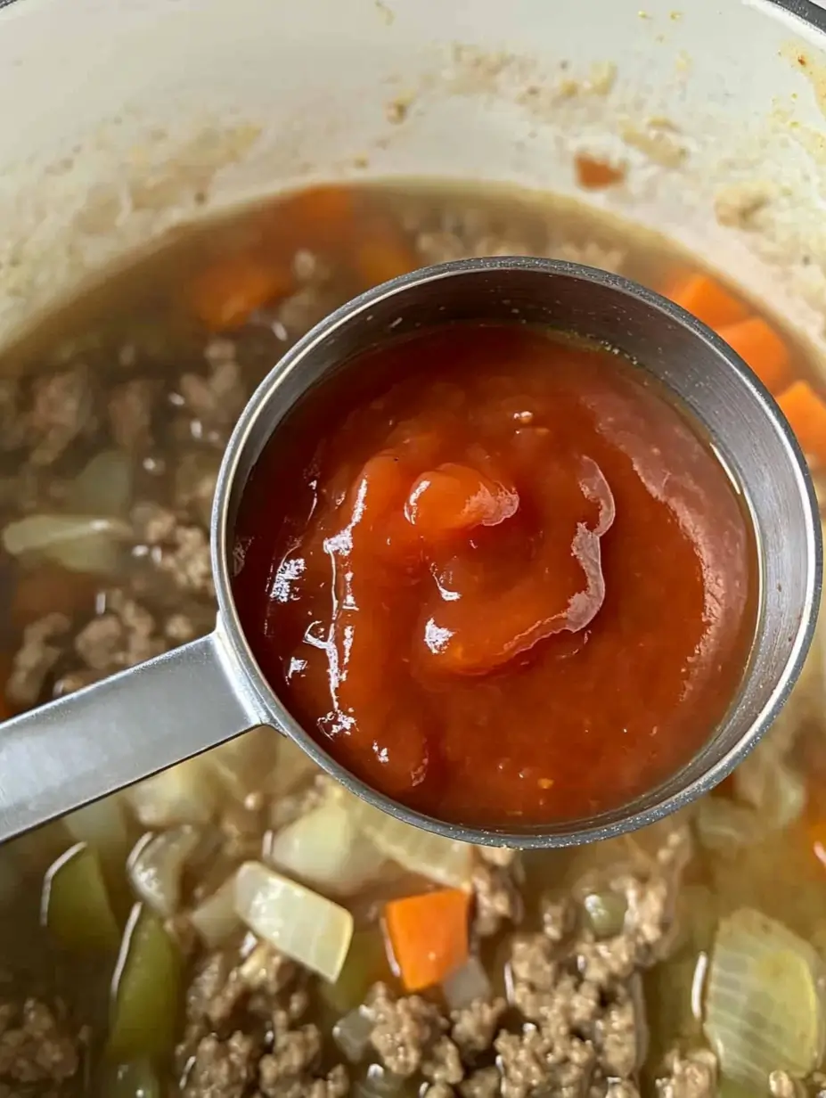 A ladle filled with tomato-based sauce being added to a pot of ground beef, diced onions, and carrots in broth.