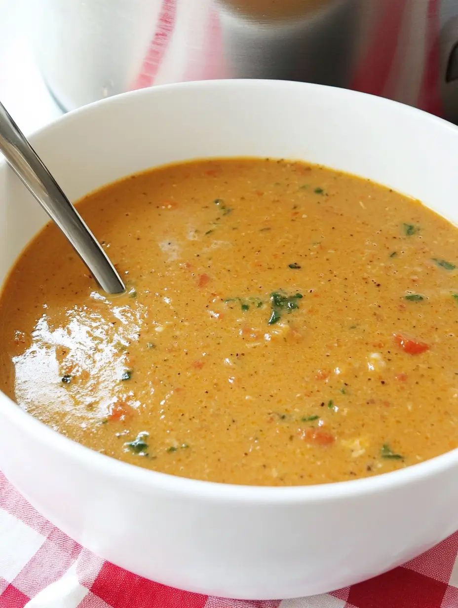 A bowl of smooth, creamy Big Mac-inspired soup with visible tomato and herb specks, placed on a red checkered tablecloth.