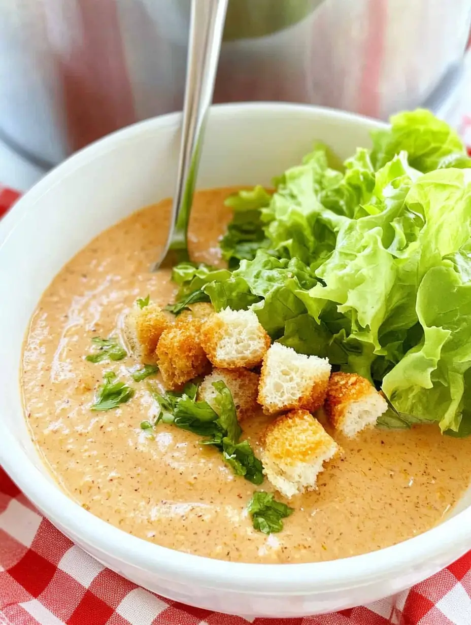 A vibrant bowl of Big Mac soup topped with croutons, fresh parsley, and a garnish of lettuce, served on a red checkered tablecloth for a fresh presentation.
