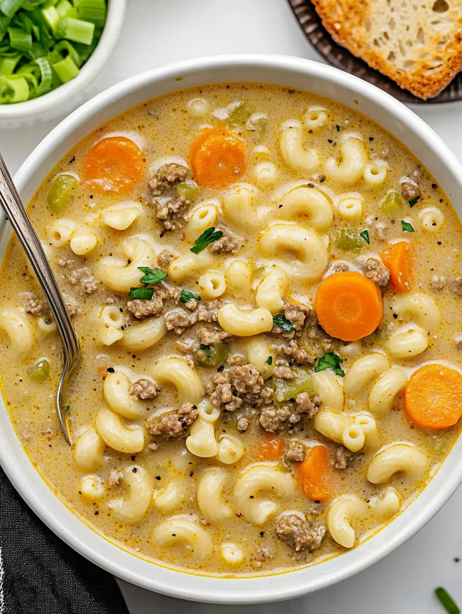 Cheeseburger Macaroni Soup 9 creamy-hamburger-soup-with-macaroni-carrots-and-celery-in-a-white-bowl-toasted-bread-on-the-side