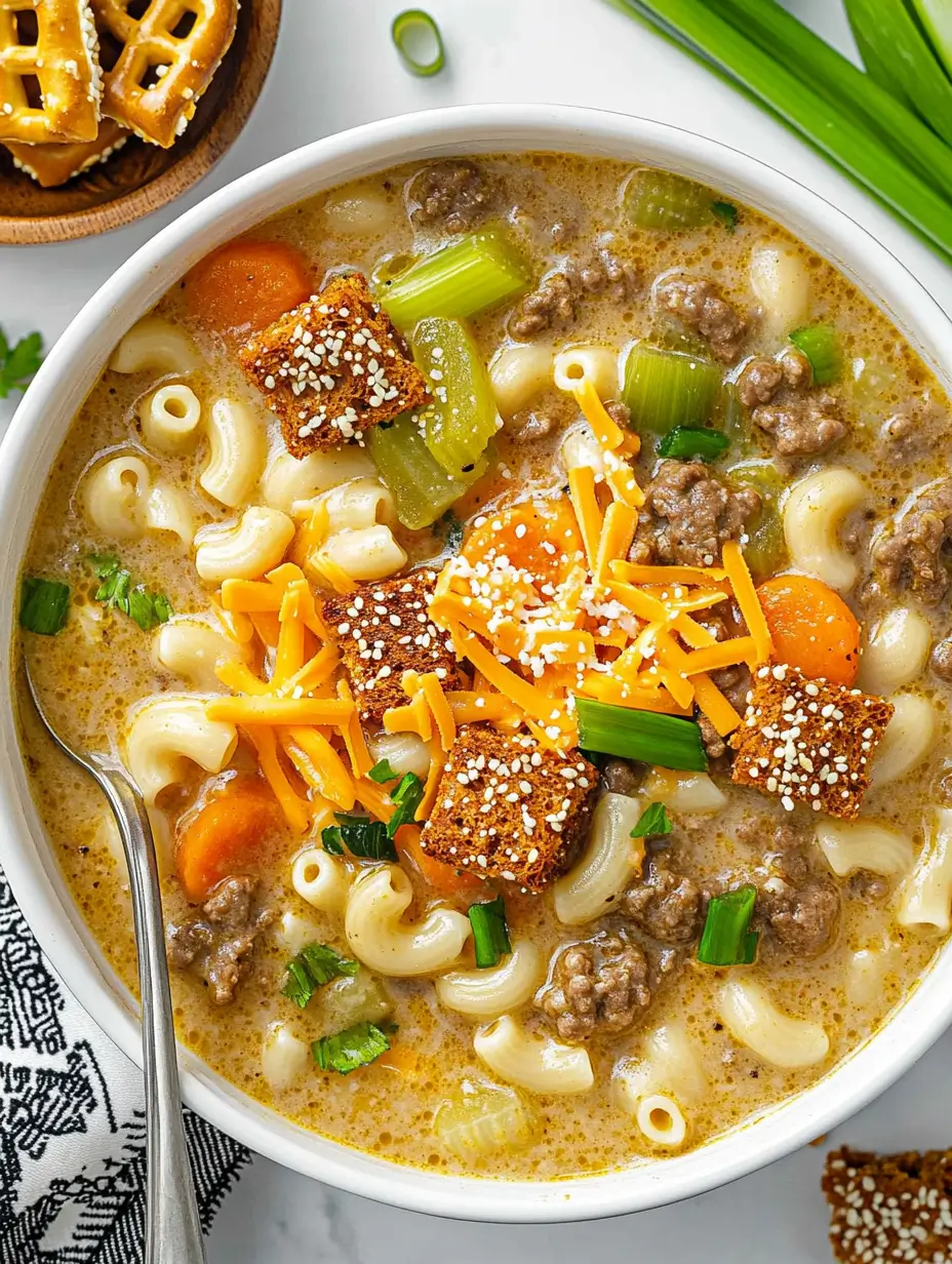 cheeseburger-macaroni-soup-recipe-4 creamy-beef-and-macaroni-soup-in-a-white-bowl-topped-with-cheese-croutons-and-green-onions-celery-and-carrots-visible