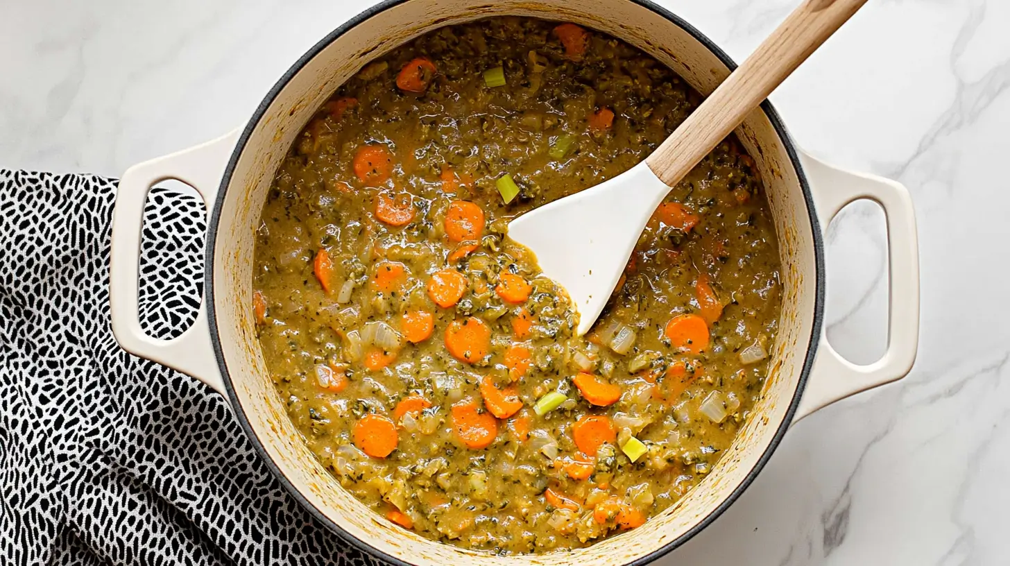 Cheeseburger Macaroni Soup 13 split-pea-soup-in-a-white-pot-with-carrots-celery-and-a-white-spoon-topdown-view