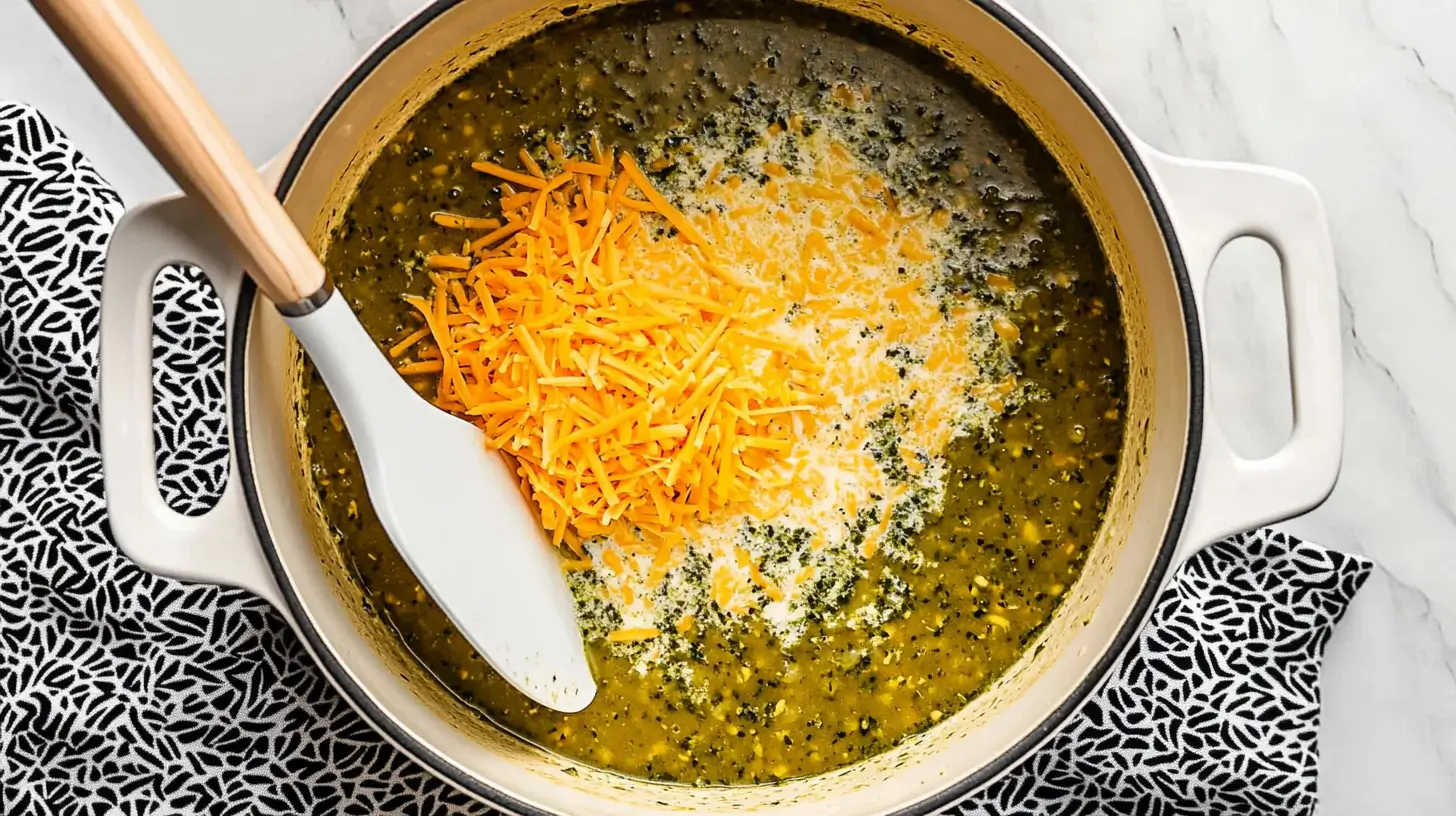 Cheeseburger Macaroni Soup 14 green-soup-in-a-pot-with-shredded-cheddar-cheese-and-cream-being-stirred-with-a-white-spatula