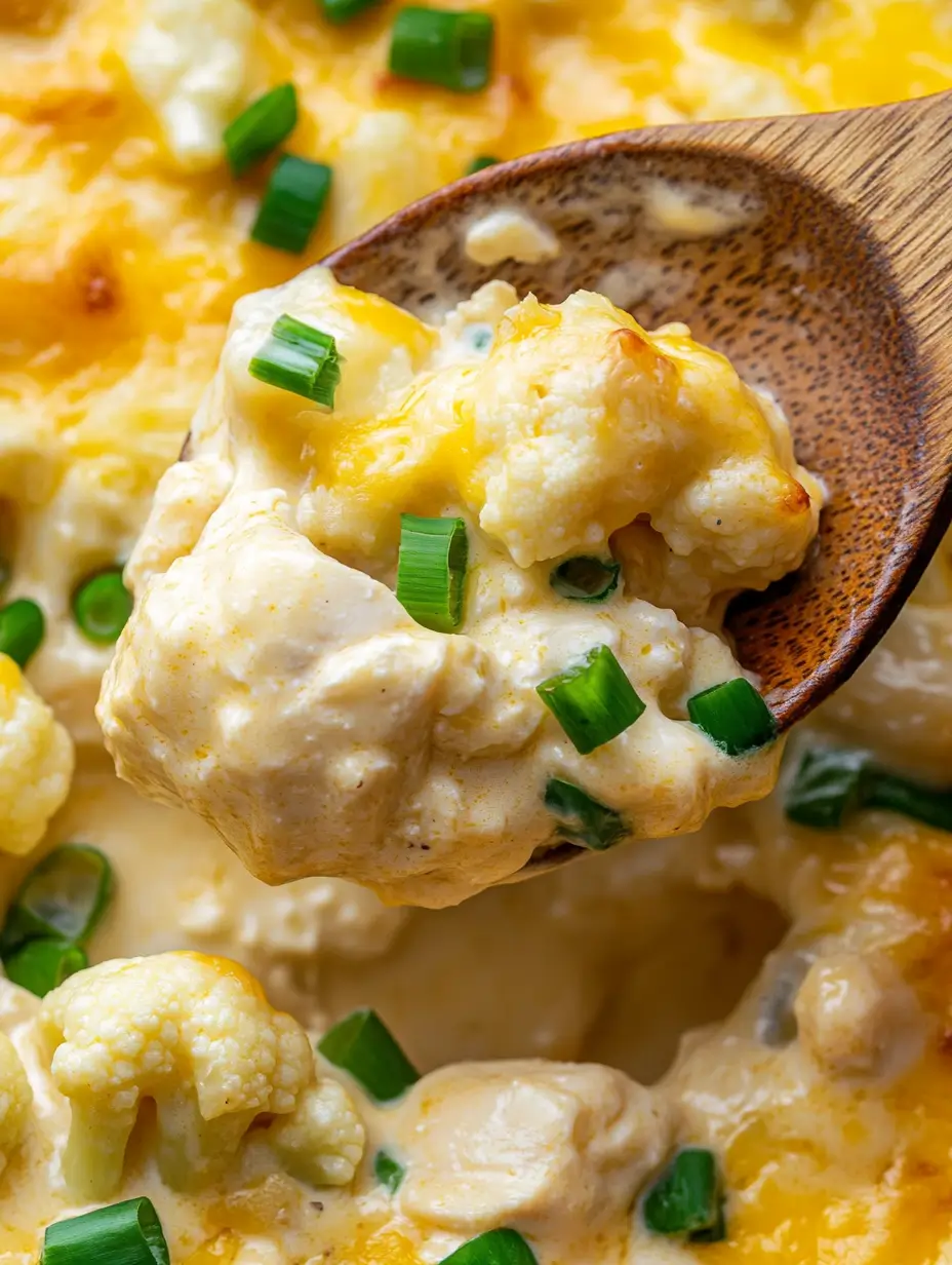 Scoop-of-Creamy-Chicken-and-Cauliflower-Casserole-on-a-Wooden-Spoon