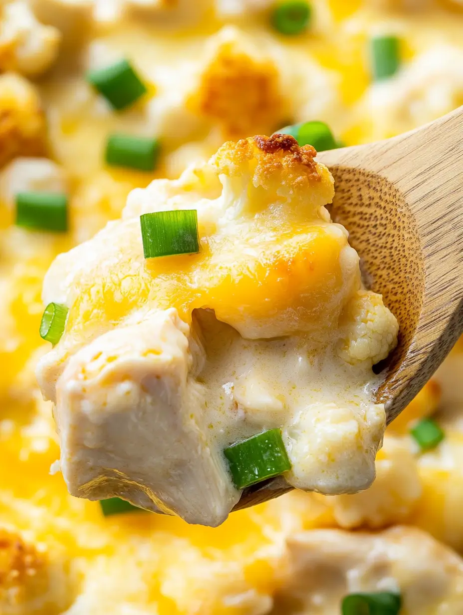 Creamy-chicken-and-cauliflower-casserole-with-melted-cheese-and-green-onions-on-a-wooden-spoon